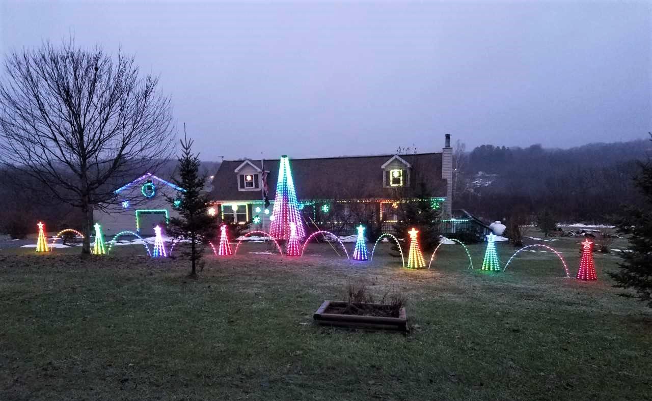 The light display at the home of John Scott and Beth Underwood Scott, 411 Peru Road, in static mode before the light show actually begins. When the show beings, tune into 89.7 FM to see the music that the lights are programmed to match with.