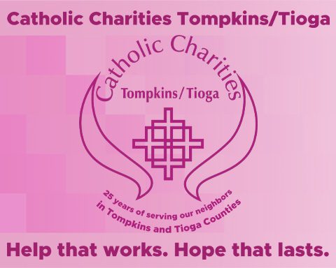 The logo of Catholic Charities Tompkins/Tioga, including a pink background with text overtop reading "Catholic Charities Tompkins/Tioga, Help that works, Hope that lasts."