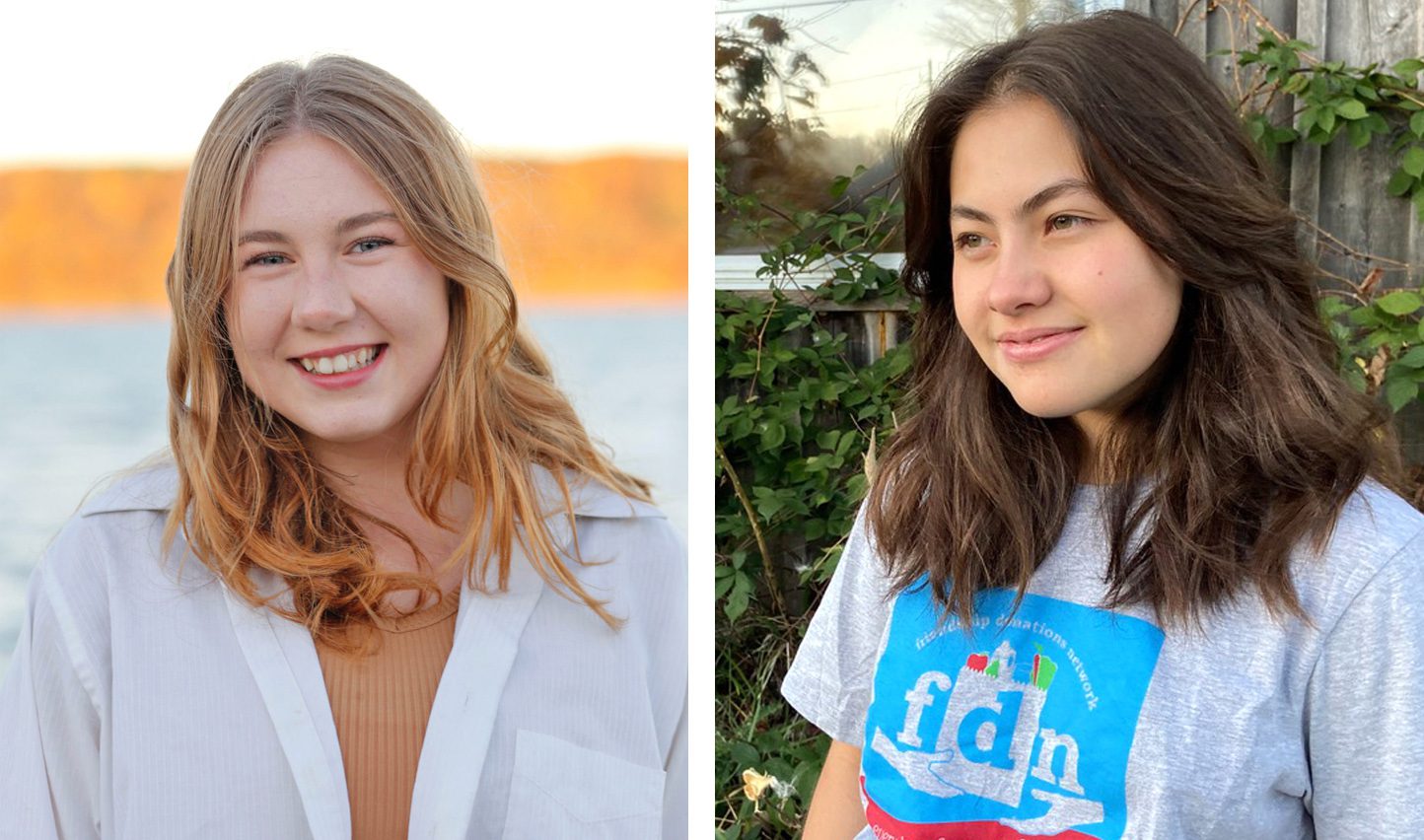 Two high-school-age girls pose for photos. On the left is a girl with long, blond hair and a white shirt standing in front of a blurred-out outdoor scene. On the right is a girl with long, brown hair and a grey T-shirt standing in front of a building filled with plants.