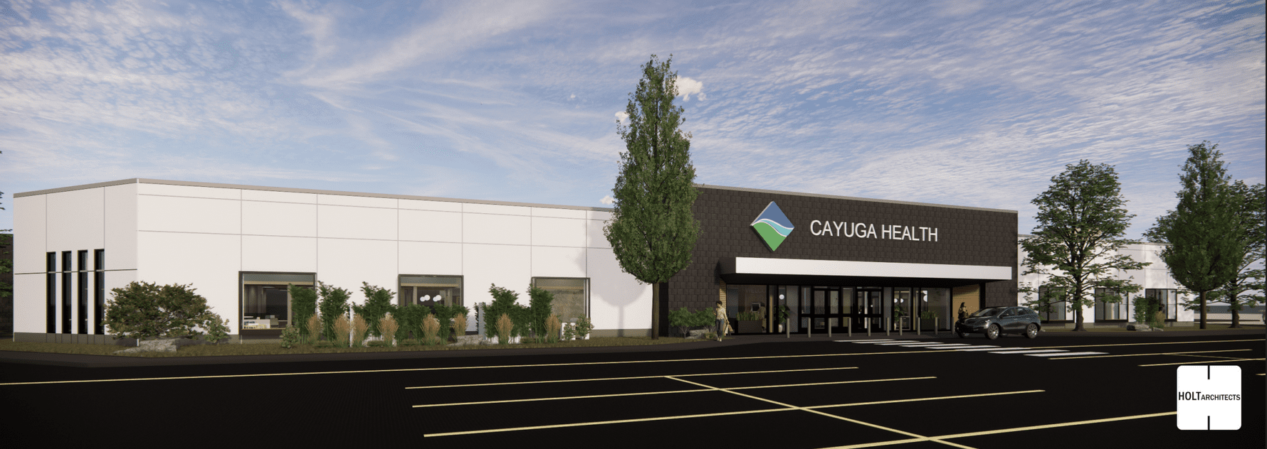 A digitial rendition of the Cayuga Medical Associates entrance at The Shops at Ithaca Mall.