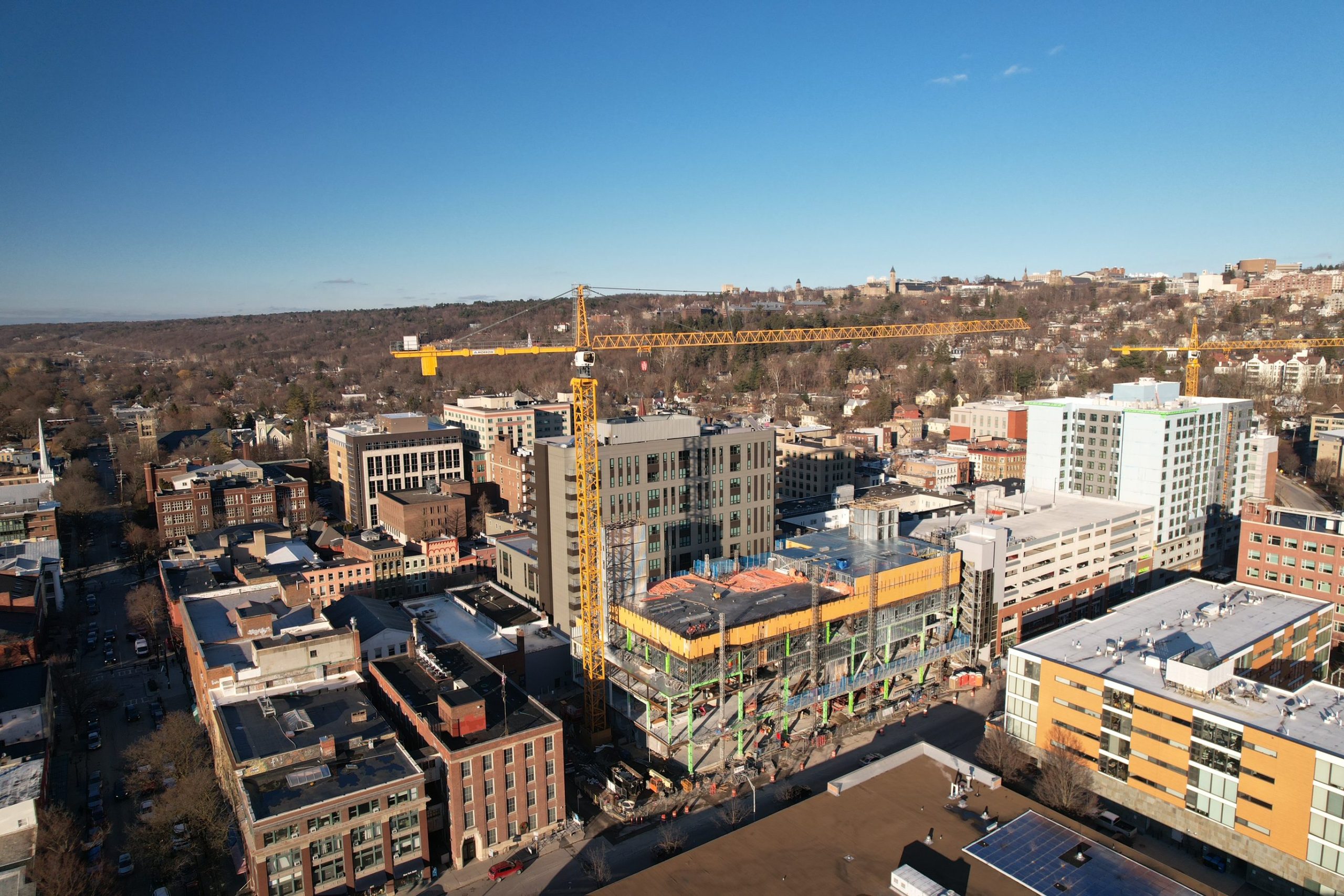 an aerial view of construction on the Ithaca Convention Center