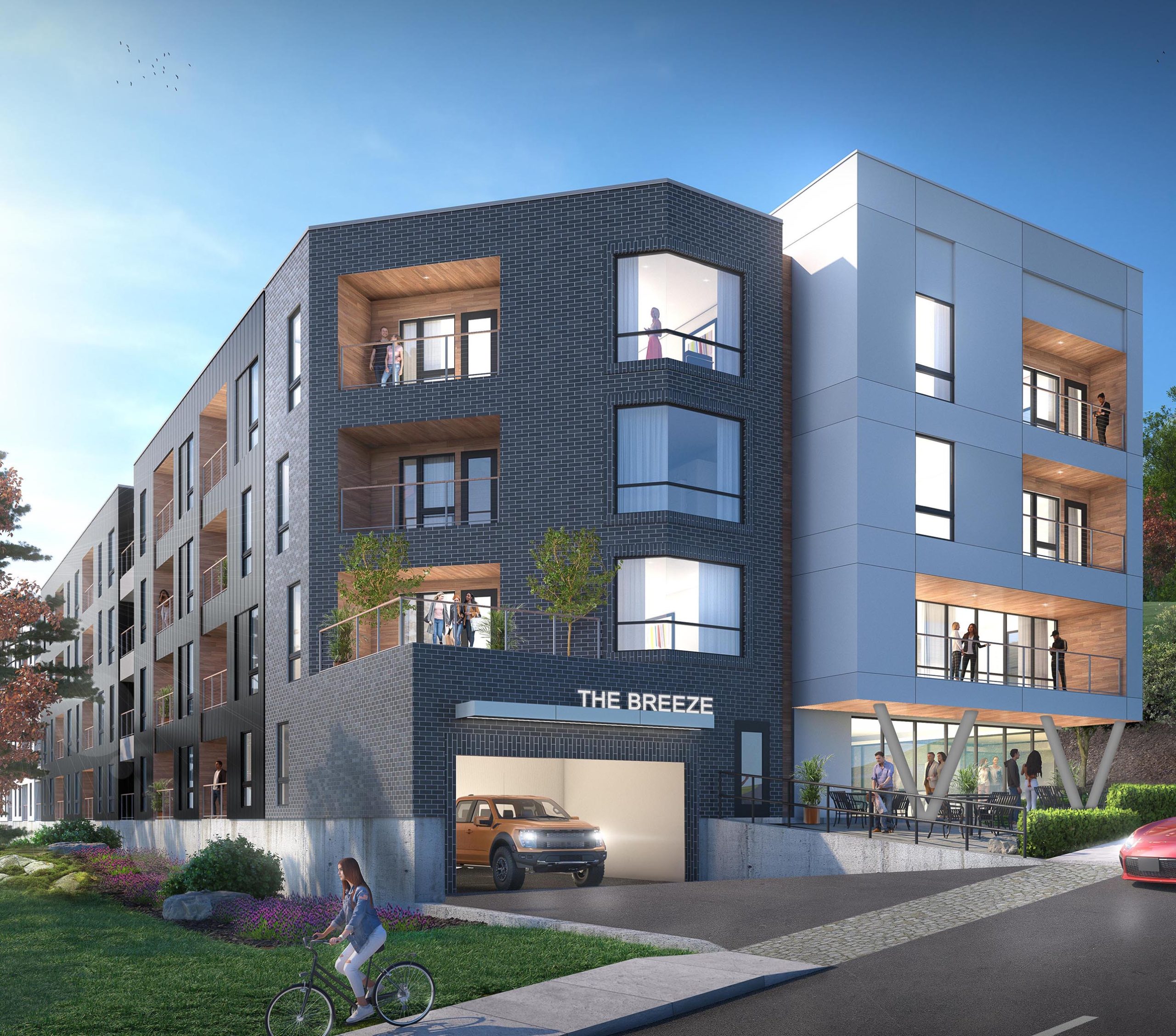 a 3D rendering of The Breeze apartment complex