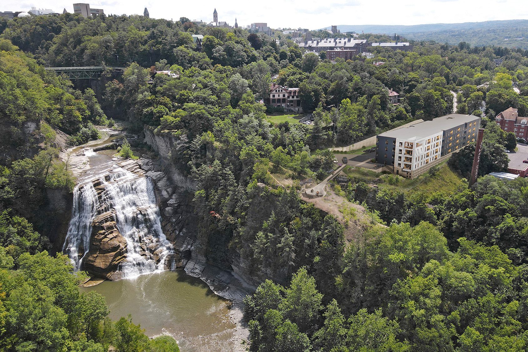 an aerial photo of Ithaca Falls and the overlook that Visum is building on the complex's property