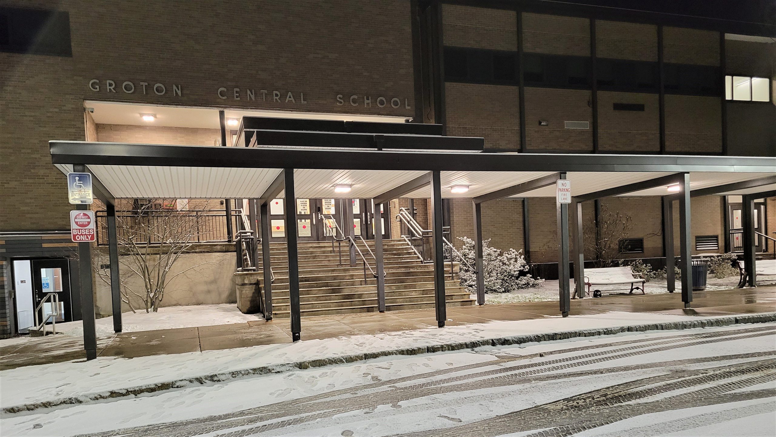 Groton High School on a winter night