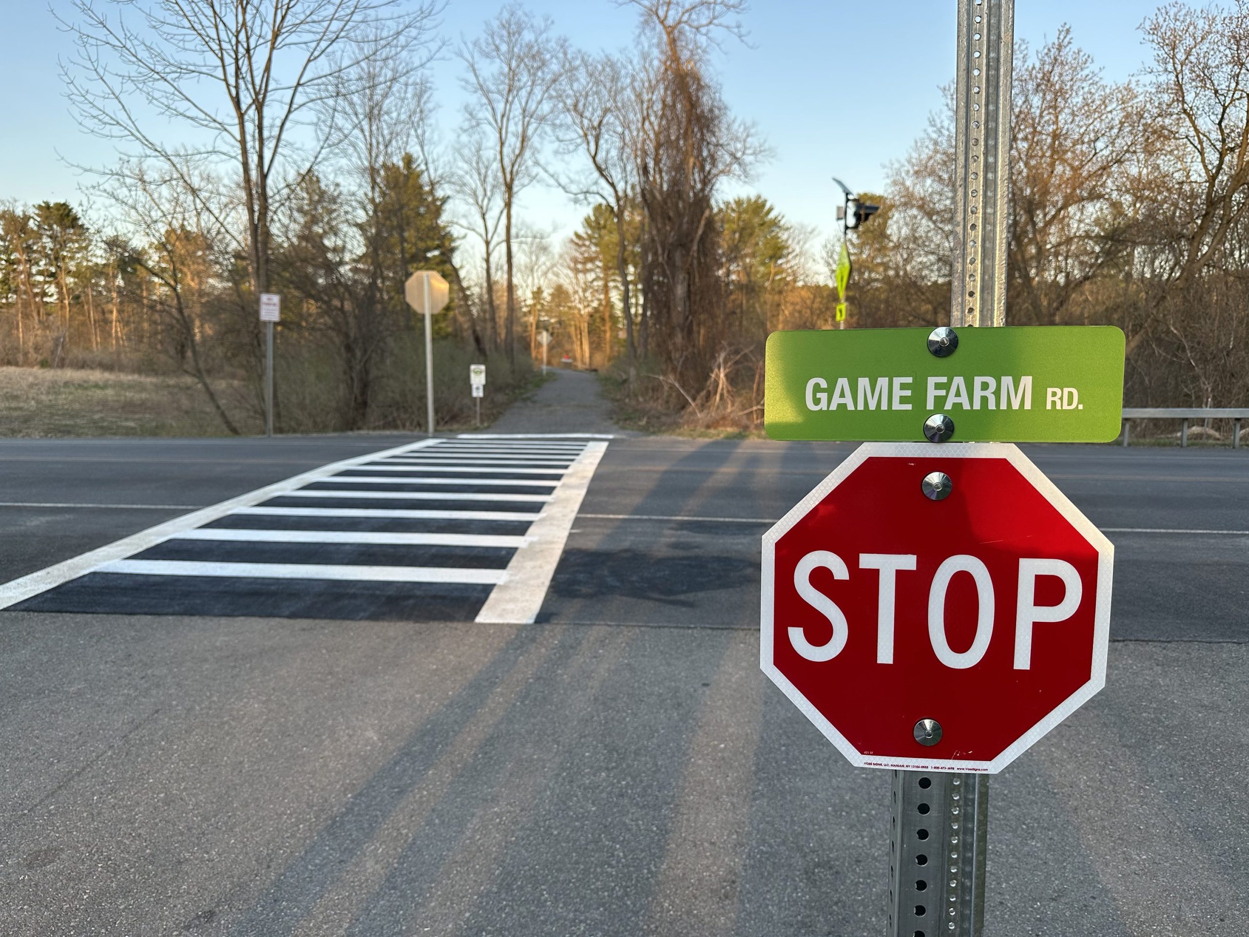 The new crosswalk on Game Farm Road was implemented on April 12. Following four-year process, it connects the Dryden Rail Trail and East Ithaca Recreation Way.
