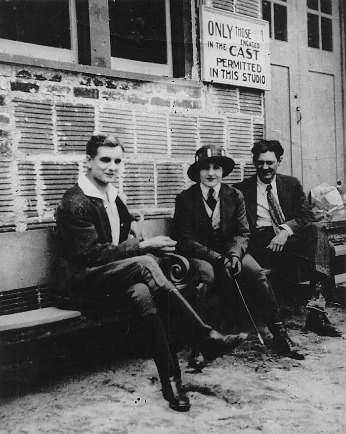  From left to right, Creighton Hale, Pearl White and Lionel Barrymore sitting outside the Wharton Studio, circa 1915