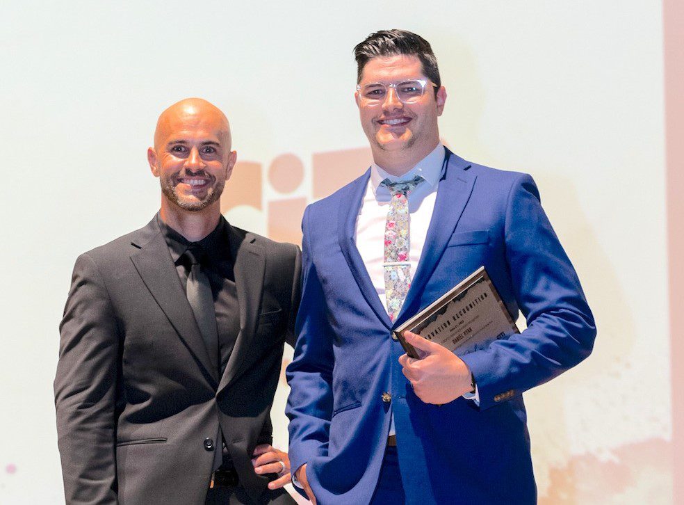 Dan Ryan (right), an art teacher with the Dryden Central School District, recently received the Art Educator Recognition award at the Gala for the Arts at the Everson Museum in Syracuse. Also pictured is William Jones, coordinator for the Center for Instruction, Technology & Innovation Arts-in-Education department.