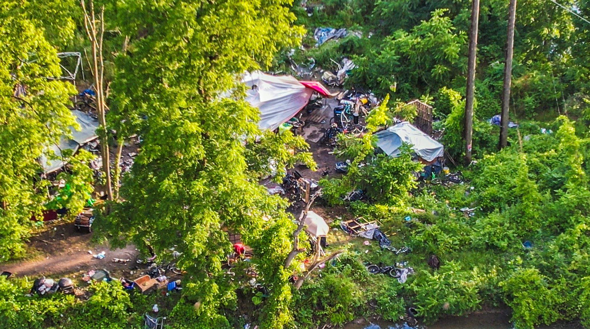 an aerial view of some of the city's homeless encampments