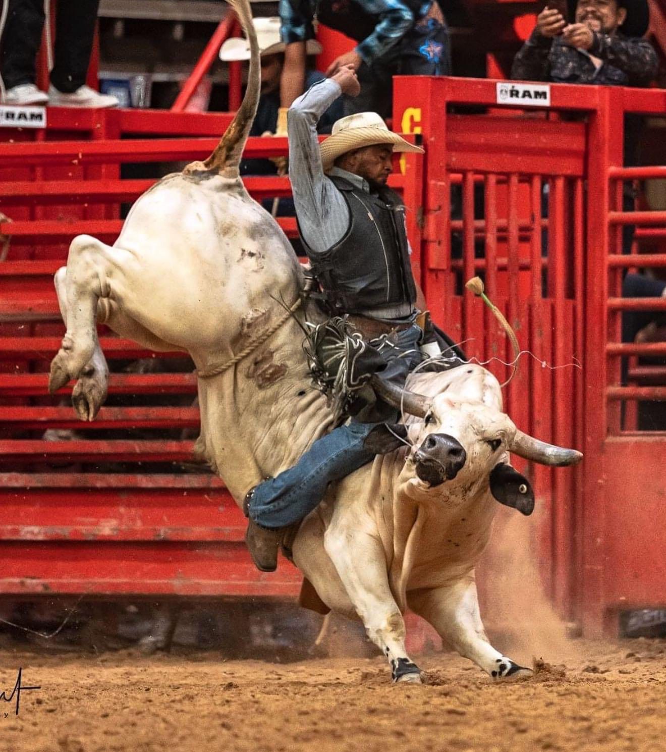a man atop a bull during the rodeo performance