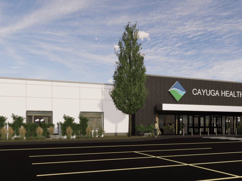 A digitial rendition of the Cayuga Medical Associates entrance at The Shops at Ithaca Mall.