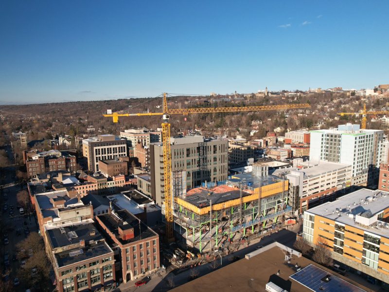 an aerial view of construction on the Ithaca Convention Center