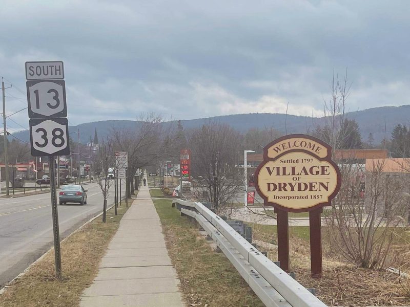 the Dryden village sign shown as drivers would see it entering on Route13 South