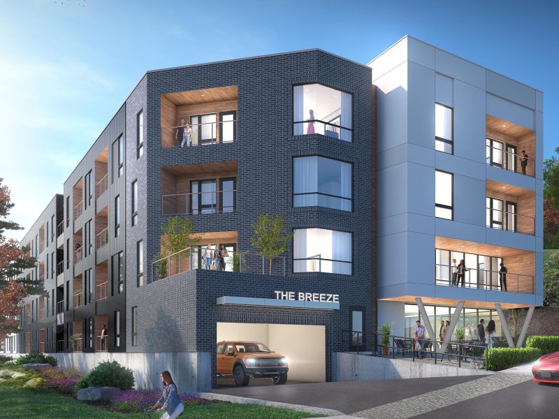 a 3D rendering of The Breeze apartment complex