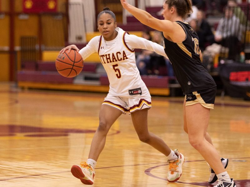 Ithaca's Mia Little dribbles the ball against Corning