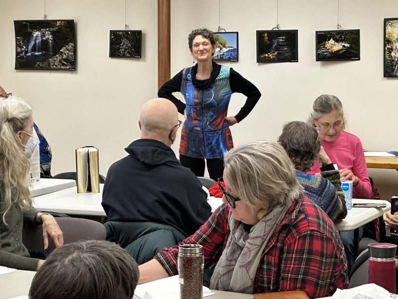 Lansing residents gathering at the Lansing Community Library for an evening reading program.