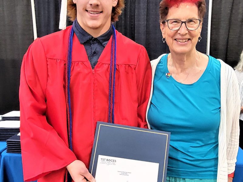 Austin Hunt (left) received The Rotary Club of Ithaca CTE Student of the Year award at the TST BOCES Career & Tech Education Center's annual awards and completer ceremony, presented by Rotary member Linda Pasto, who is also a member of the TST BOCES Board of Education.