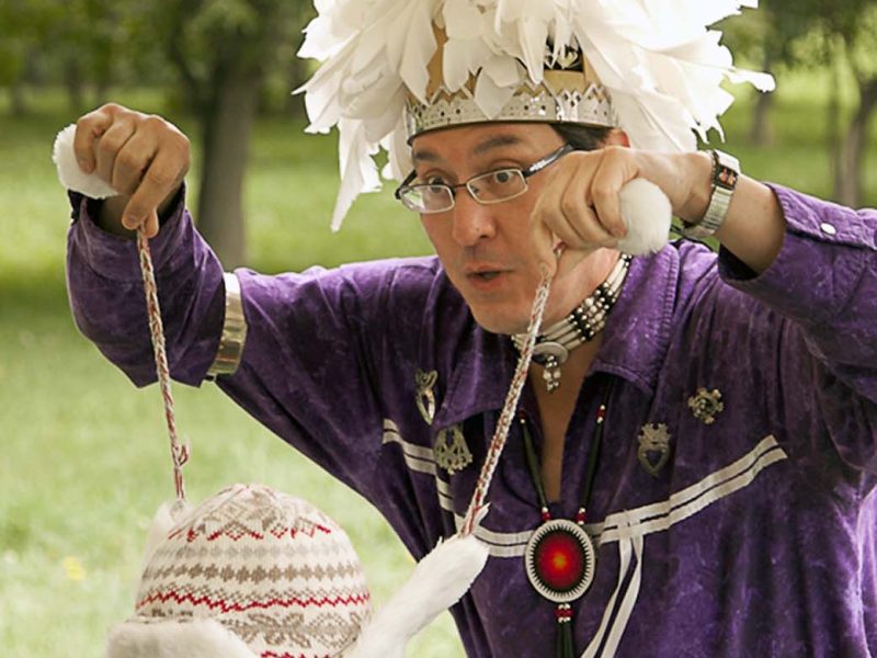 Perry Ground performing his interactive storytelling of The Haudenosaunee. The performance includes a variety of different artworks and movements to tell the stories of indigenous peoples.