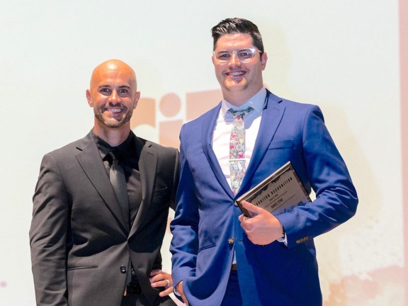 Dan Ryan (right), an art teacher with the Dryden Central School District, recently received the Art Educator Recognition award at the Gala for the Arts at the Everson Museum in Syracuse. Also pictured is William Jones, coordinator for the Center for Instruction, Technology & Innovation Arts-in-Education department.