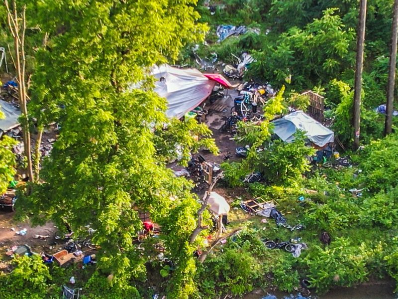 an aerial view of some of the city's homeless encampments