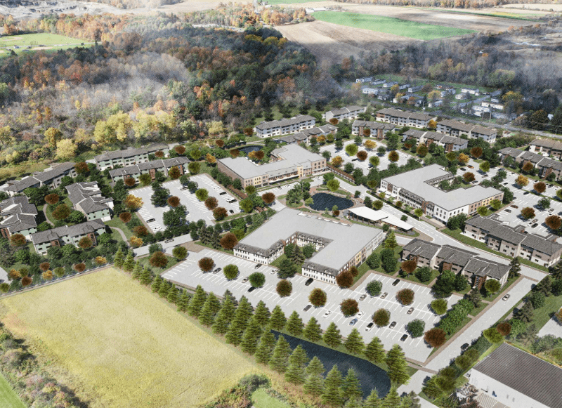A rendering of Ezra Village, a 749-unit apartment complex proposed for the village of Dryden. If approved, the apartment complex would spread across 42 acres in close proximity to Tompkins Cortland Community College.