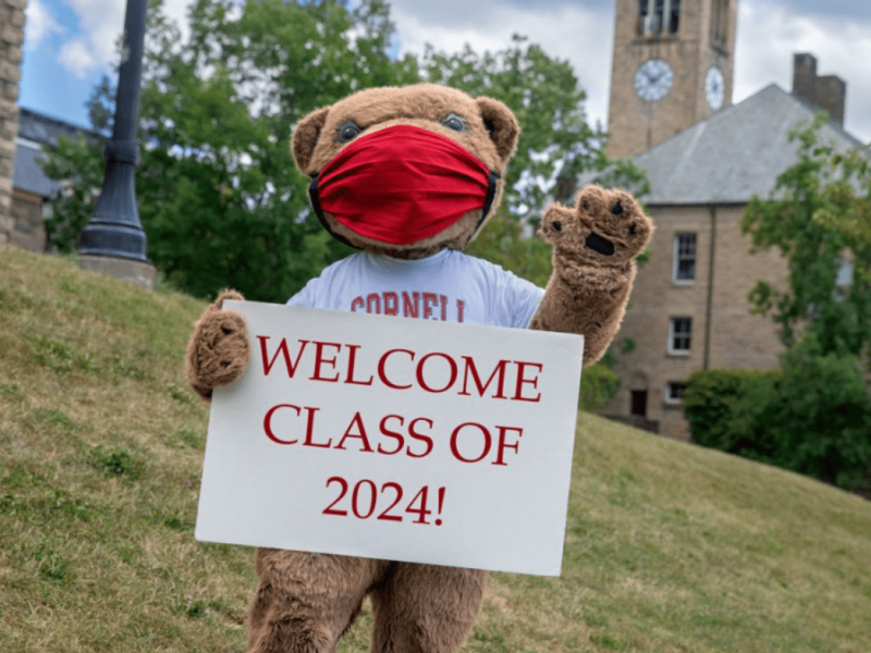 Cornell mascot with a welcome class of 2024 sign