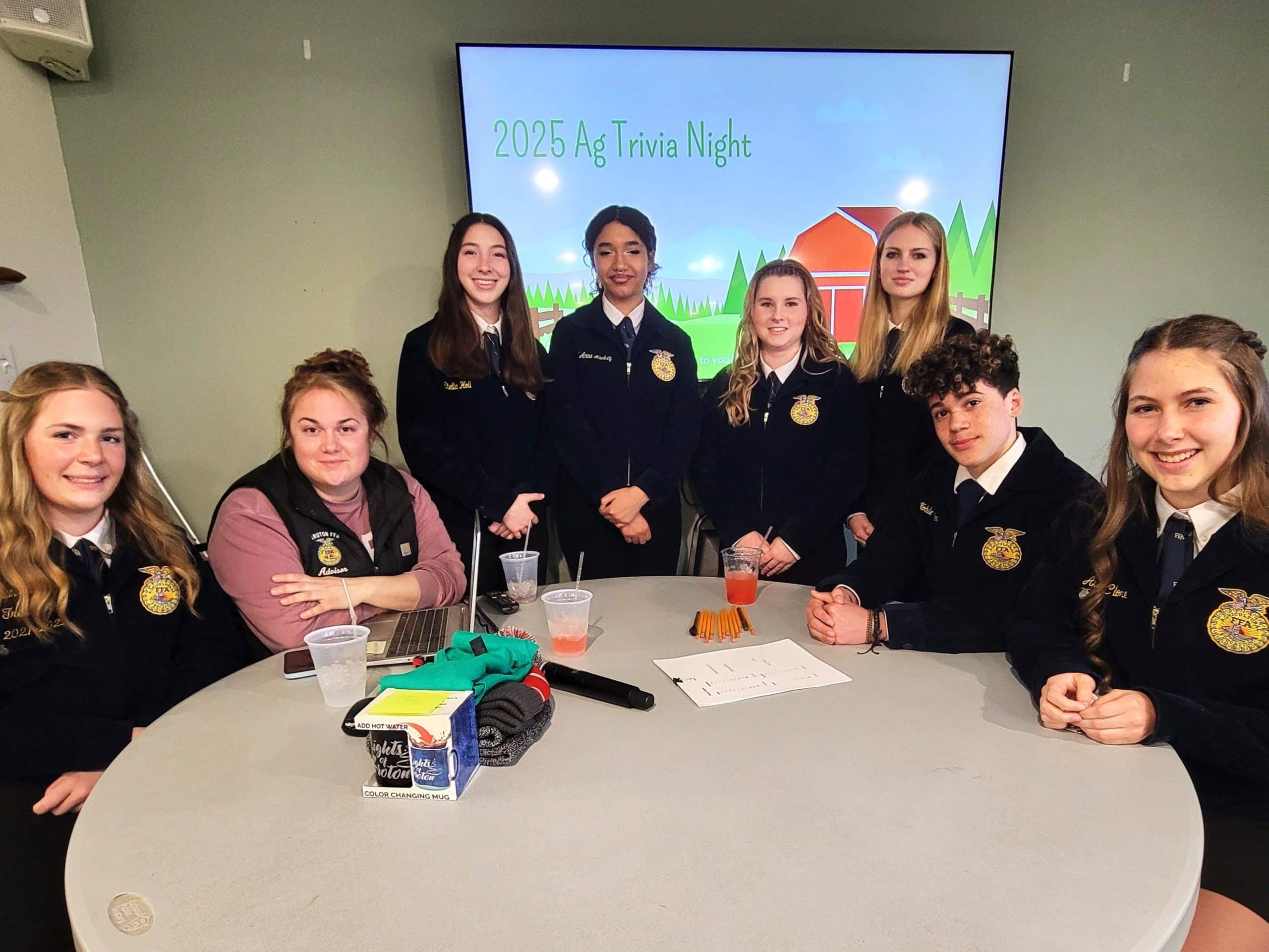 Jillian Zigenfus (left), Chelsey Mahany (Agriculture Educator and FFA Advisor Groton Jr/Sr High School), Stella Holl, De'Anna Mackey, Kara Pierce, Eve Shaff, Noble Snyder, and Adelyn Clore all represented the Groton chapter of the Future Farmers of America at the Groton Agriculture Advisory Board’s annual “Ag Trivia Night” on March 29. The evening was another huge success in raising funds to help support the Groton FFA (Future Farmers of America).