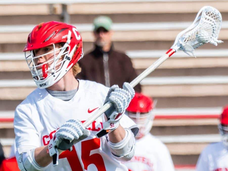 Cornell’s CJ Kirst, #15, on April 1, 2025 at Schoellkopf Field in Ithaca, NY. Cornell Men’s Lacrosse lead 12-4 against UAlbany at the half. (Caroline Sherman/Cornell Athletics)