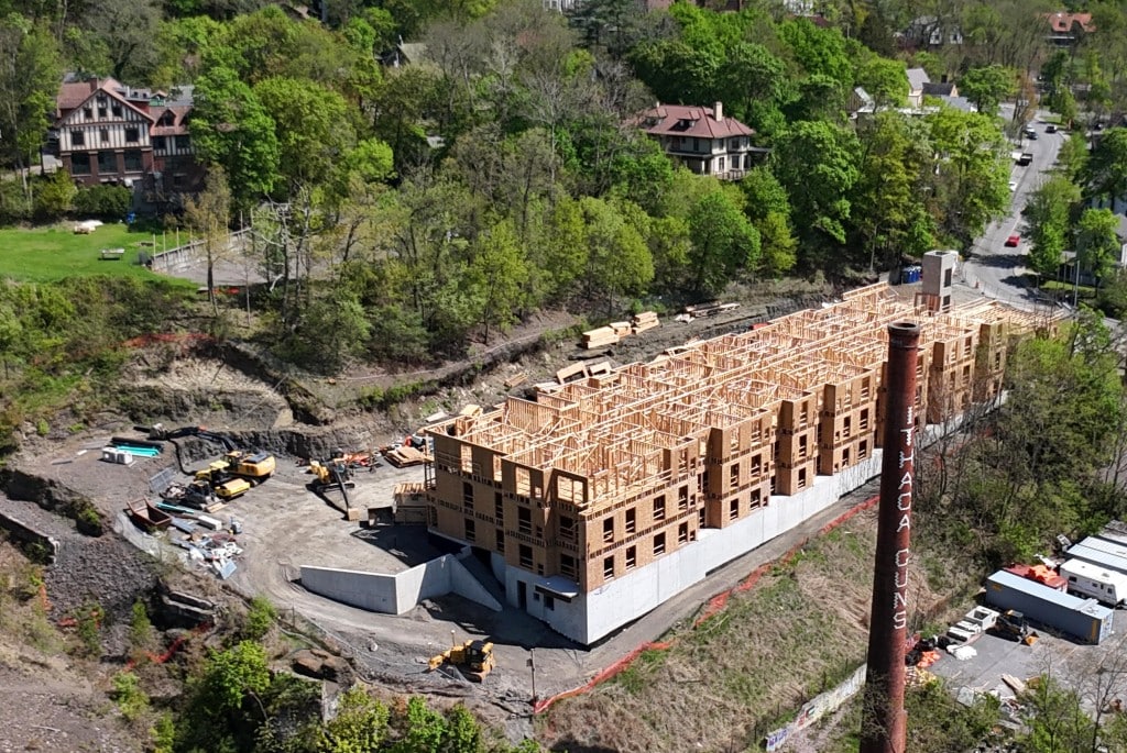 Construction at the Breeze, a mix of market rate and affordable apartments going up at the former Ithaca Gun Factory, is underway.