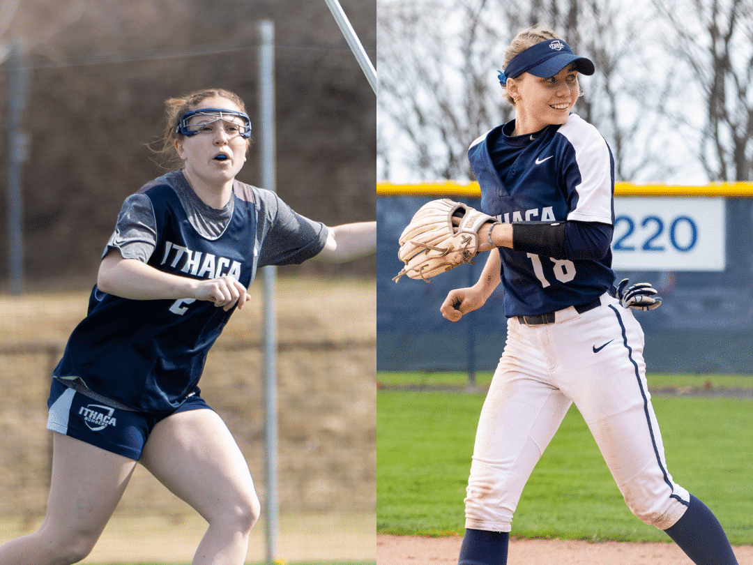 Ithaca College's Kaitlyn Russell (left) and Cate Murray (right) helped their respective teams capture Liberty League titles this spring. Russell and the women's lacrosse team won their second straight championship while Murray and the softball team claimed their first title since 2019. 