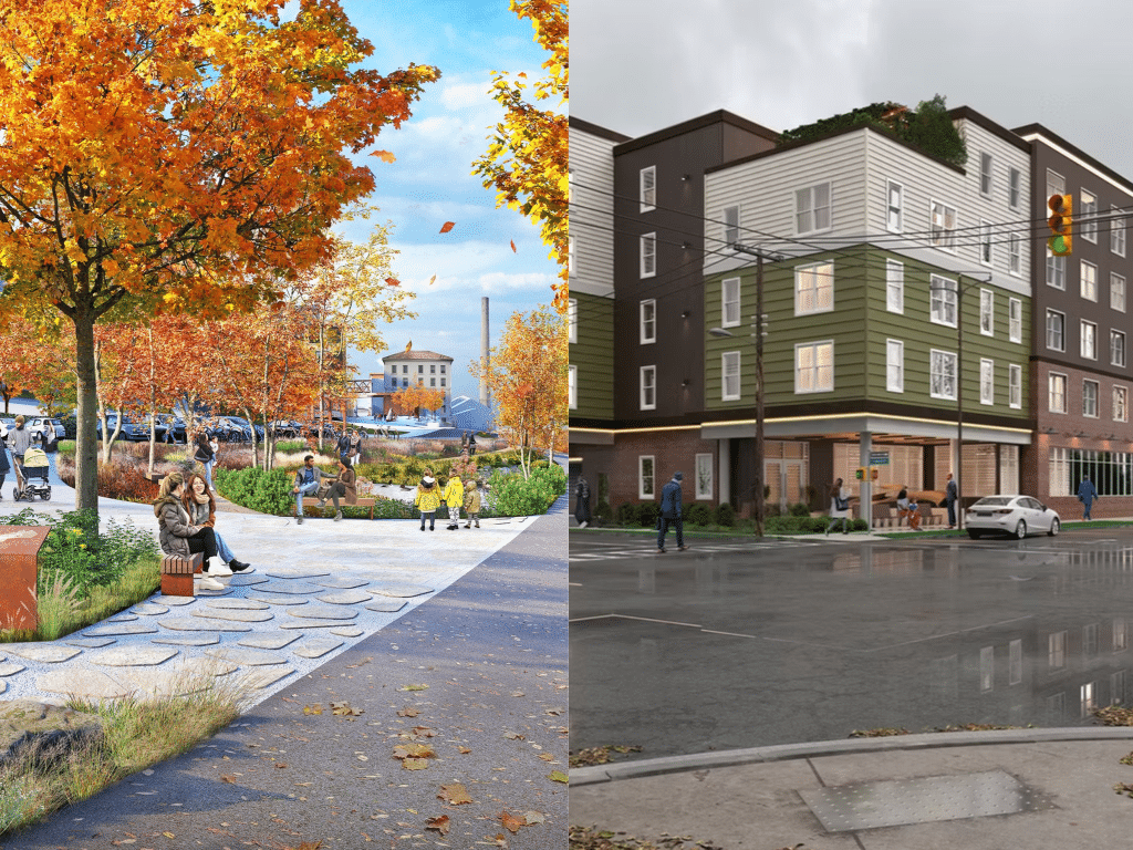 Artistic renderings of The Meadow on Seneca affordable and supportive housing (left), slated to begin construction in Ithaca in early fall, and SouthWorks (right), the proposed new Ithaca neighborhood that repurposes an old Factory on South Aurora Street. SouthWorks will be welcoming its first commercial tenant, antique and vintage marketplace FOUND in Ithaca, later this year. 
