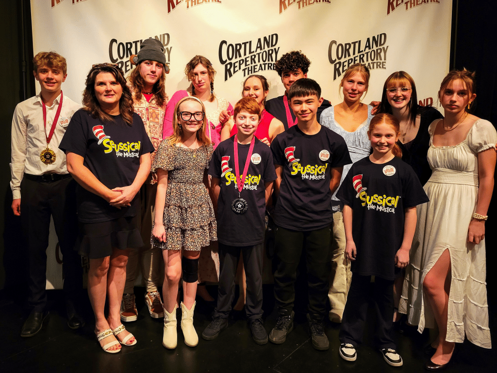 Twelve cast members from Groton Jr/Sr High School’s spring production of “Seussical the Musical” were nominated for Cortland Repertory Theatre’s Pavilion Awards held on May 14. Pictured here, front row, left to right: Annette Twitchell (director), Jenice Bogart, Trey Dwyer, Silas St. Clair, Corinne Dwyer. Second row: Tristan McCracken, James Bogart, Josie Ross, Lena Brehm, Noble Snyder, Willow Orr, Brooklan Strange, Leah Bogart. Brehm, Trey Dwyer, McCracken, and Snyder each won awards.