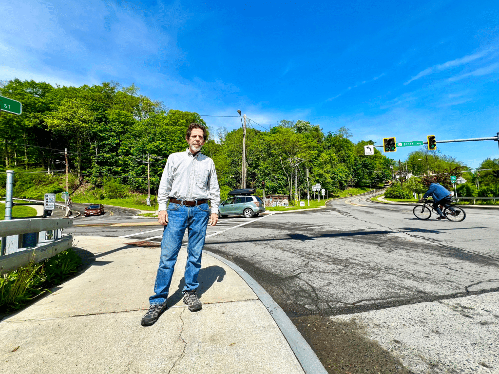Fernando de Aragón, Director at the Ithaca-Tompkins County Transportation Council, stands at the intersection of Elm Street and Floral Avenue (to the left) and West State Street and Floral Avenue (to the right), on a recent weekday morning. The Ithaca intersection has been identified as one of the most hazardous roadways in the county, according to the recently-released Safe Streets/Roads Tompkins report. 