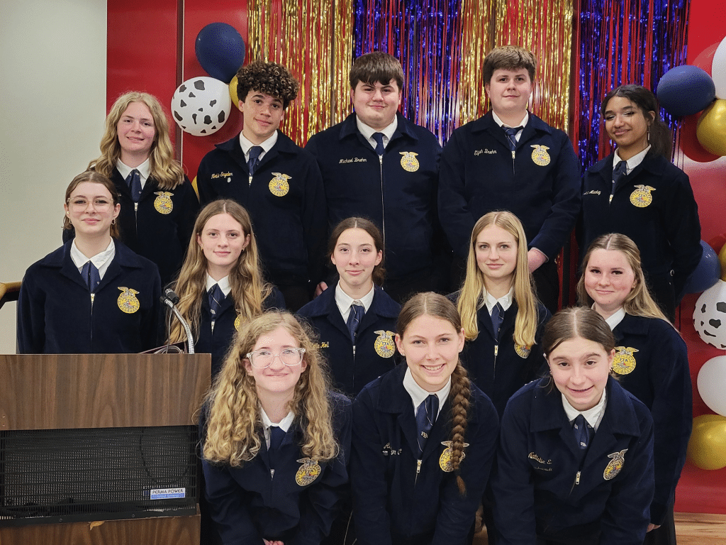 Photo by Linda Competillo 
The Groton Jr/Sr High School’s FFA (Future Farmers of America) chapter held its annual banquet on May 15. These students ran the evening and welcomed around 100 guests. Front row (left to right): Megan Kavanagh, Adelyn Clore, Nattalie Lombardi. Second row: Grace Short, Diella Niño, Stella Holl, Eve Shaff, Kara Pierce. Third row: Jillian Zigenfus, Noble Snyder, Michael Brehm, Elijah Brehm, De’Anna Mackey.
