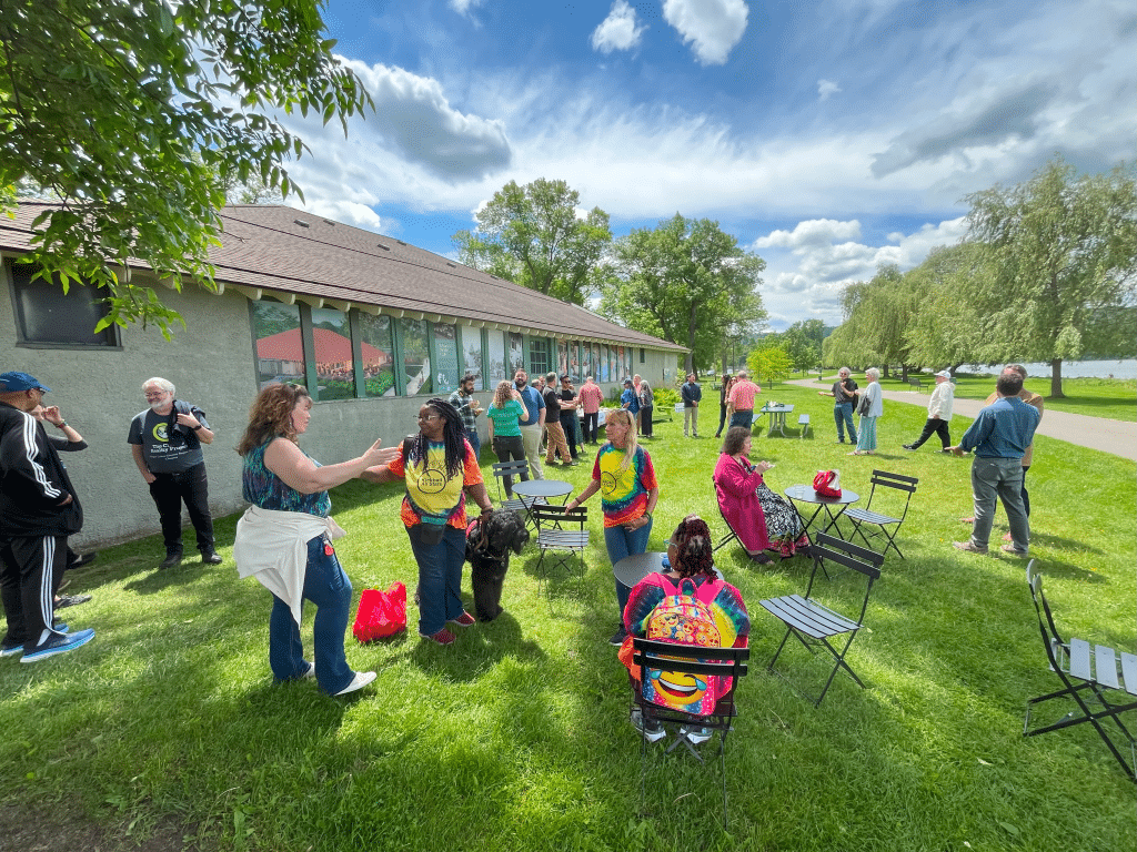 Photo provided 
Attendees of a ribbon cutting for the large pavilion addition at Stewart Park gathered in the area outside the Wharton Studio Building, which is slated for development into a museum and cafe.