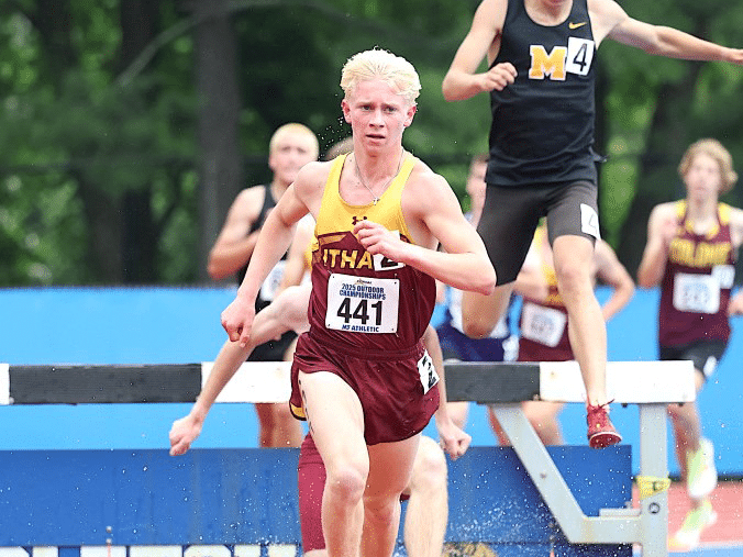 Photo by John Nepolitan
On June 14, Ithaca's Noah Hilker won the Class A state championship in the 3,000-meter steeplechase with a time of 9:15.78. The senior broke his own school record by seven seconds. 