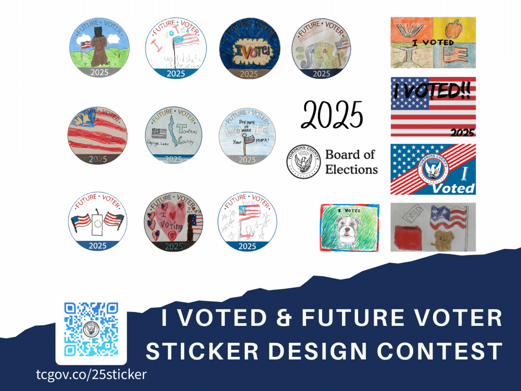 Photo provided
Help choose the winning sticker out of these submissions for Tompkins County’s “I Voted” and “Future Voter” stickers.