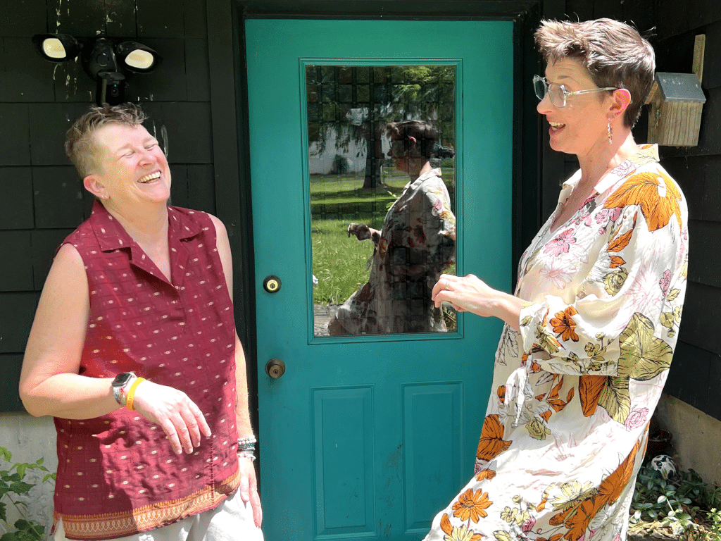 Photo by Jaime Cone Hughes
P.J. (left) and Casey Beck, of Trumansburg, in the outer stairwell that filled with water during a recent storm, causing water to rush through the door, filling the basement with 8 inches of water. The couple now have a pump in the stairwell in case of emergencies and try to look on the bright side: no one was hurt, and the rest of the house is dry. Trumansburg Flood Risk
