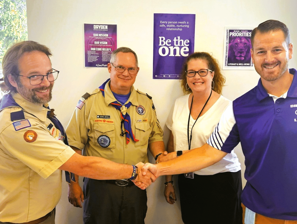Photo provided
Boy Scout Troop 24 recently adopted Dryden Middle School, and Cub Scout Pack 24 adopted Dryden Elementary School. Left to right: Dan Ward, Cubmaster of Pack 24, John Udall, Scoutmaster of Troop 24, Lora Champlain, principal of Dryden Middle School, and Justin Wood, co-principal of Dryden Elementary School. Scouting Dryden Schools.