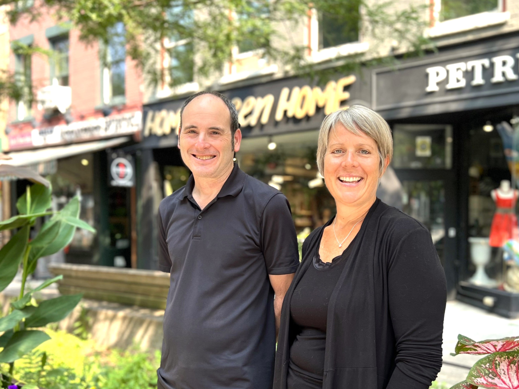 Photo by Jaime Cone Hughes
Michael J. Berne, president of MJB Consulting, with Nan Rohrer, Downtown Ithaca Alliance CEO, on the Commons in downtown Ithaca. Berne has been working with the alliance and city officials to conduct a retail study and develop a strategy that will boost Ithaca’s retail scene.