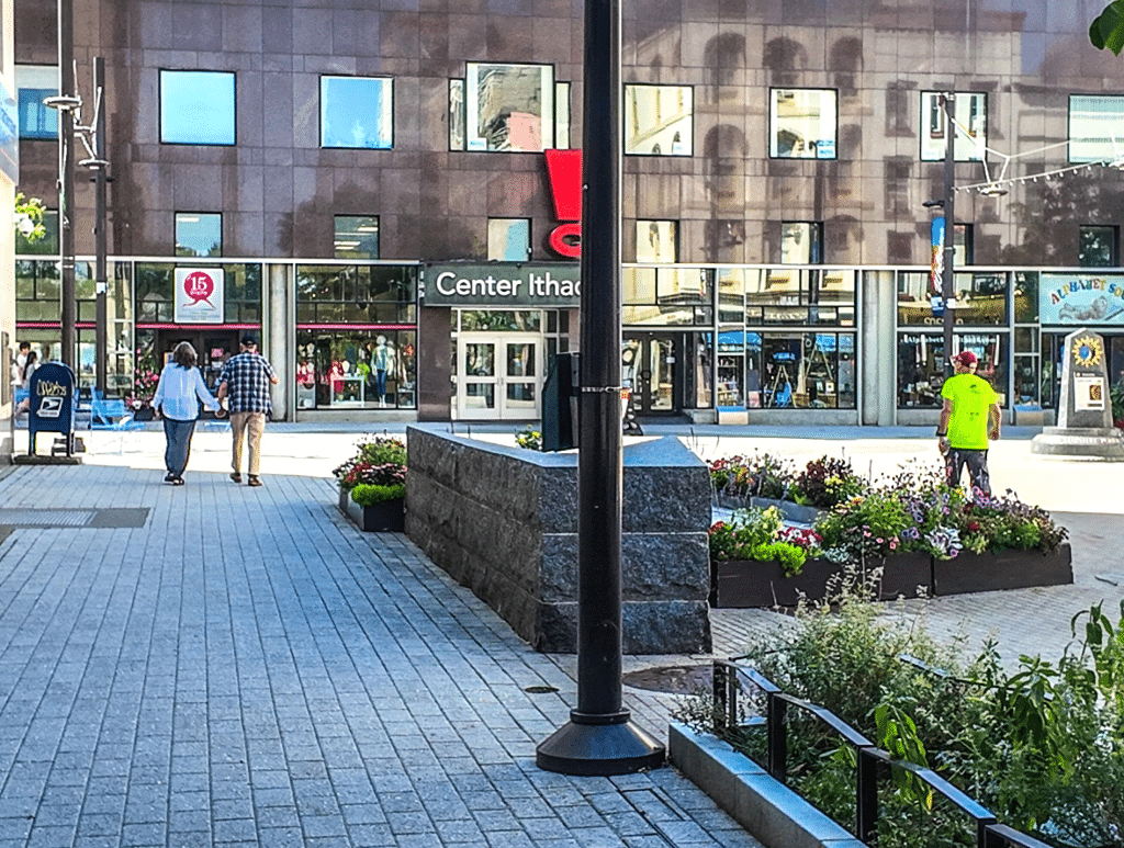Photo by Joe Scaglione
The Commons pedestrian plaza on a recent morning in Ithaca, with Center Ithaca, the home of Downtown Ithaca Alliance, in the center. 