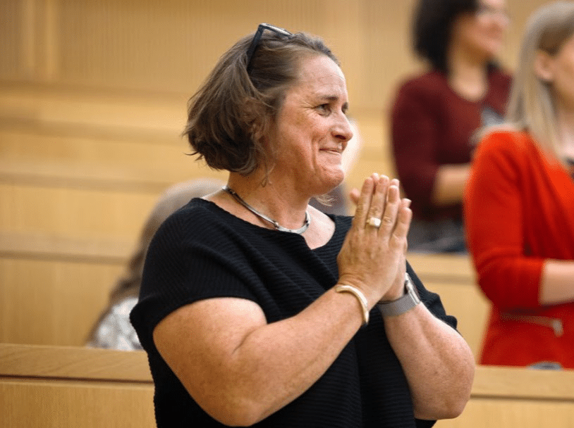 Photo by Ryan Young/Cornell University
Claire Wardle, associate professor of communication in the College of Agriculture and Life Sciences, celebrates becoming a U.S. citizen at a naturalization ceremony held at the College of Veterinary Medicine on July 23.