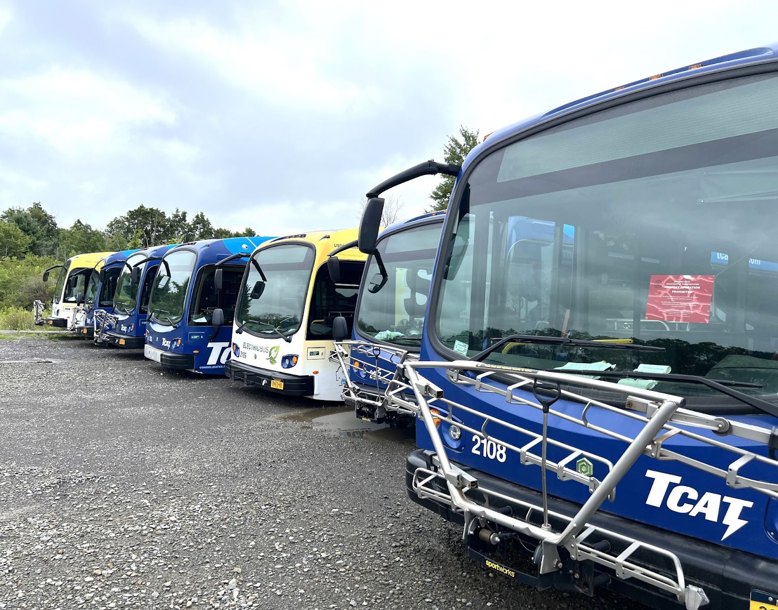 Photo by Jaime Cone Hughes
These seven TCAT electric buses are permanently parked near the Ithaca Tompkins International Airport after being deemed unsafe for use in 2024.