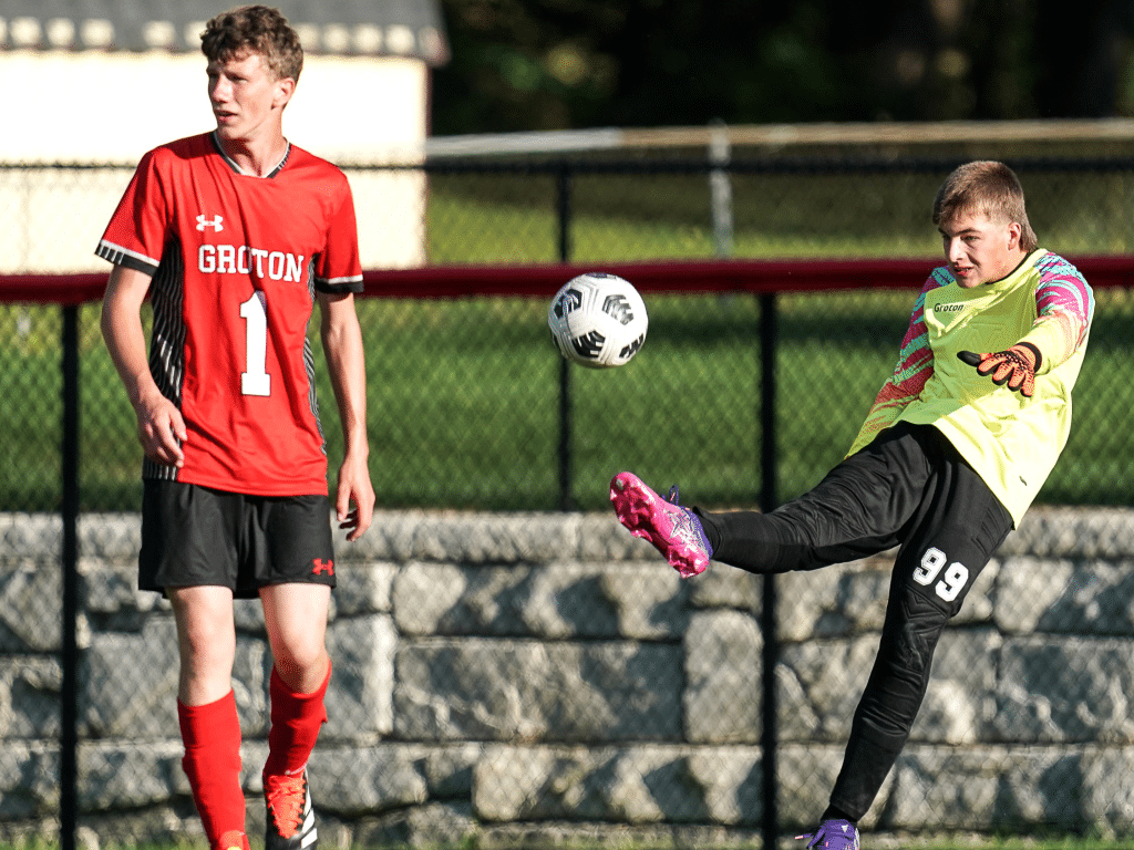 Photo by Adrian Mitchell, Old Stage Photo
Groton's Abe Bishop (left) and Ethan Besler (right) have helped the Groton boys soccer team vastly improve. The Red Hawks have their most wins in a season since 2018 with four victories as of September 28.