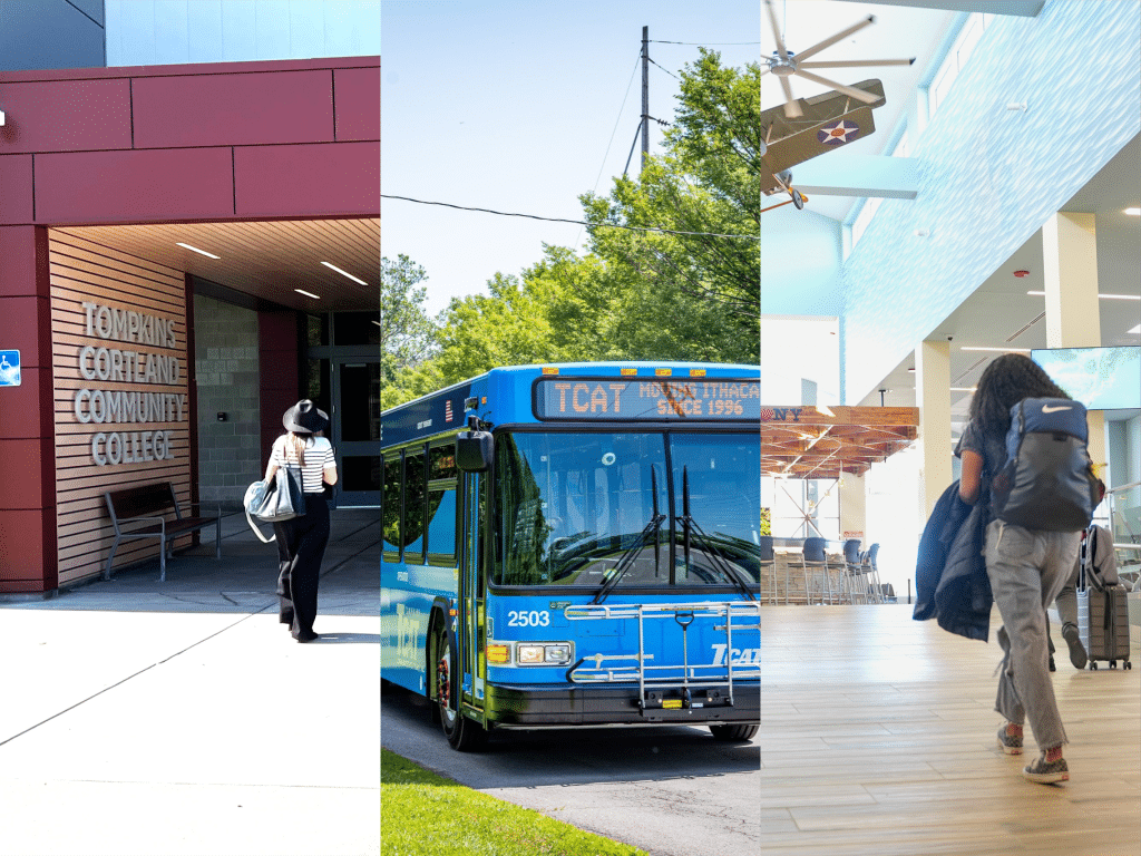 Photo provided 
Three major topics of conversation among Tompkins County legislators during 2026 budget discussions were Tompkins Cortland Community College (left), Tompkins Consolidated Area Transit (middle) and the Ithaca Tompkins International Airport (right). 