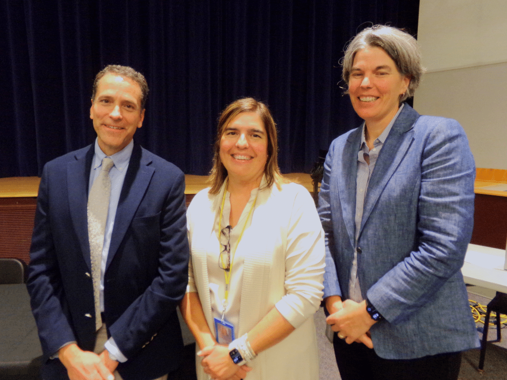 Photo by J.T. Stone
From left to right: Christopher Glaubitz, vice president and senior project architect with Tetra Tech Architects & Engineers, with Trumansburg Central School District School Business Executive Amanda Verba and Superintendent Megan Conaway at Charles O. Dickerson High School during a meeting unveiling the district’s 2025 capital project.   
