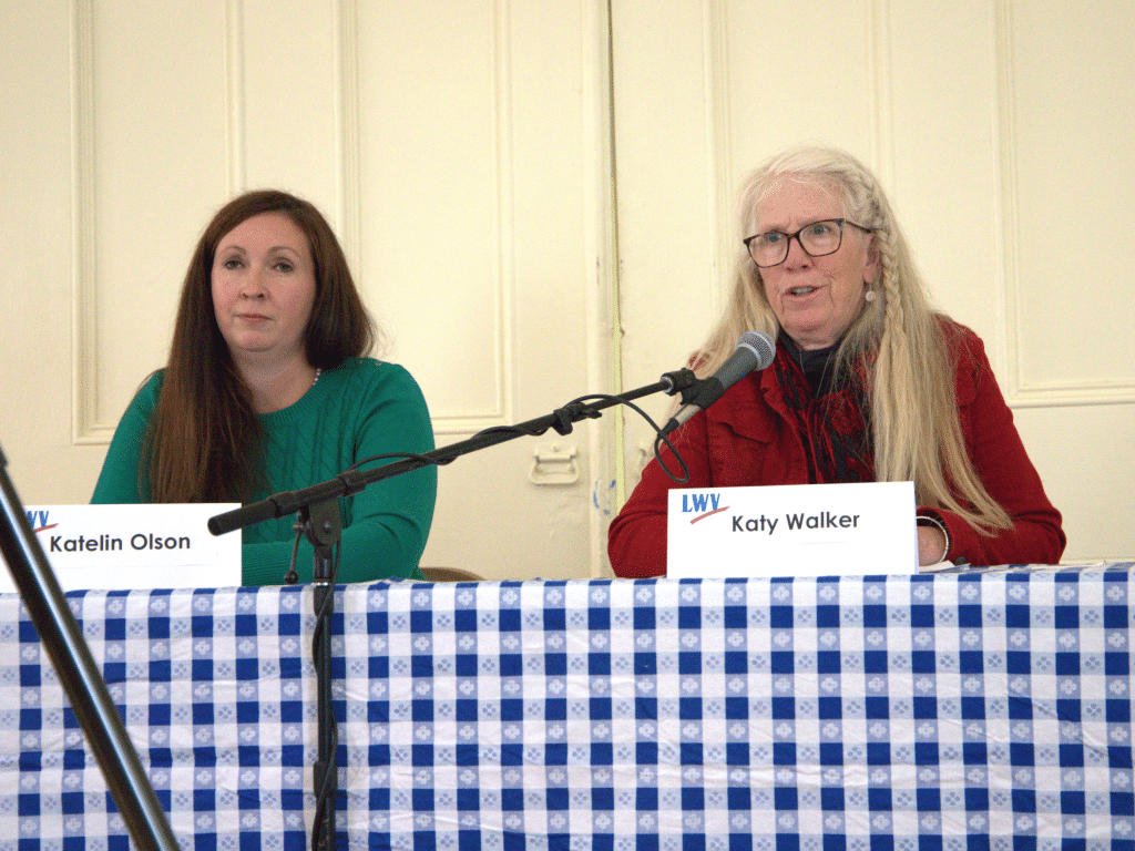 Photo by J.T. Stone
Ulysses Town Supervisor Katelin Olson, left, and independent candidate Katy Walker at an Oct. 19 town supervisor candidate forum in the First Presbyterian Church of Ulysses’ Fellowship Hall. The hour-long forum was hosted by the Ulysses Community Council and moderated by the League of Women Voters of Tompkins County.   
