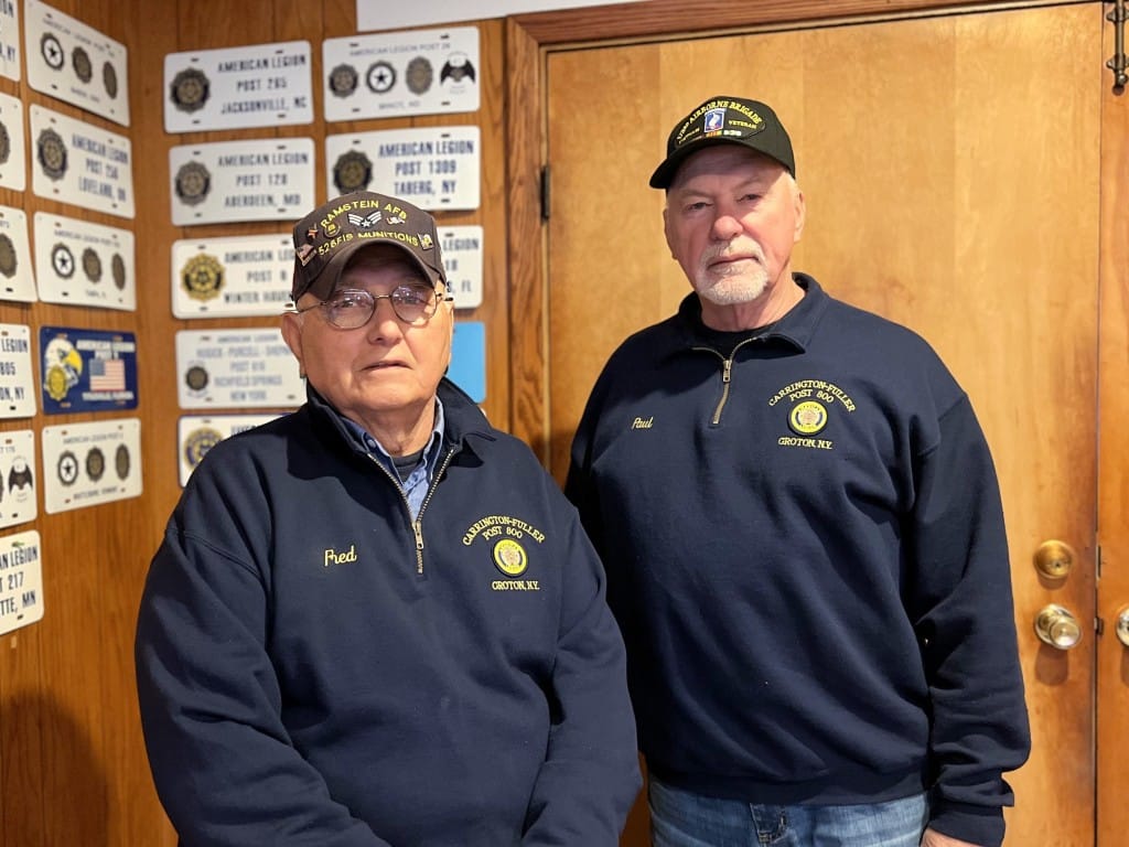 Photo by Jaime Cone Hughes 
Frederick Youngs, Jr., (left) and Paul Koekebacker, vice commanders of the Carrington Fuller American Legion Post 800 in Groton, served in Germany and Vietnam, respectively. 