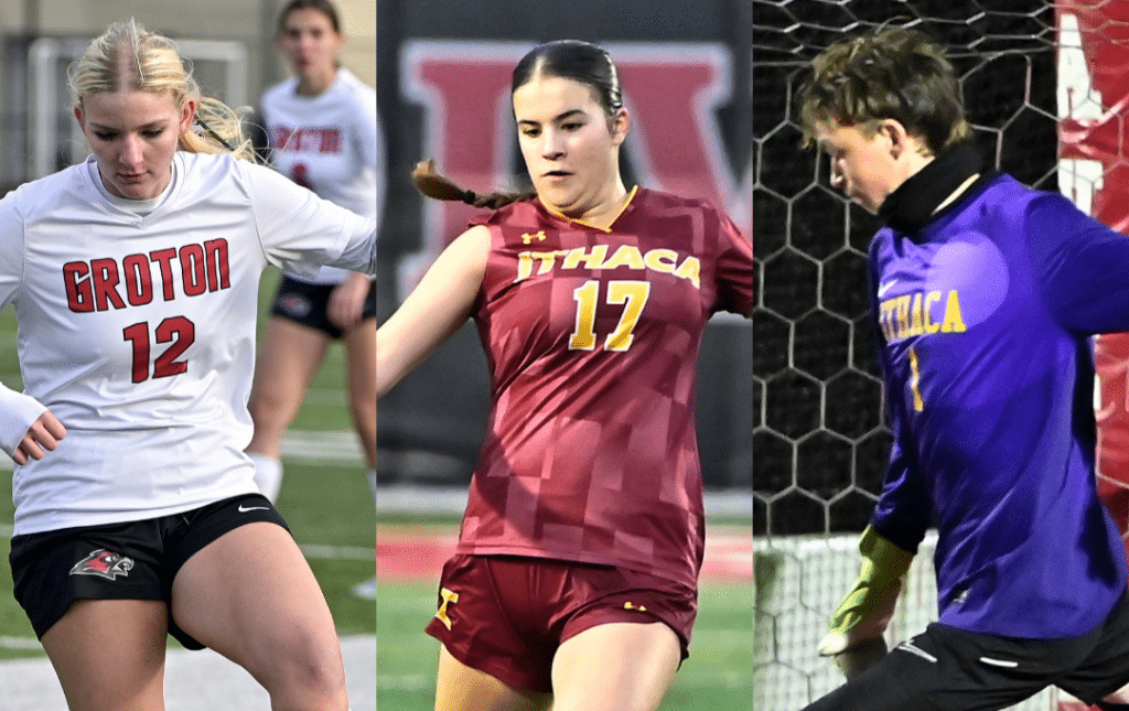 Photos by Jim Organ
Groton's Devyn Blasz, Ithaca's Iris Johnson and James Reiter (left to right) all took part in Section IV soccer championships last week. Blasz's Red Hawks and Johnson's Little Red brought home sectional titles in Class C and Class AAA, respectively, while Reiter's Little Red fell in the Class AAA final.