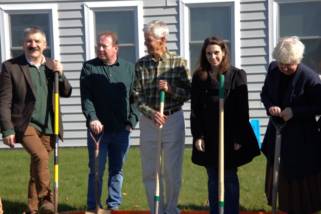 Photo by J.T. Stone 
From left to right: Dryden Fiber Executive Director David Makar, Dryden Town Supervisor Jason Leifer, Caroline Town Supervisor Mark Witmer, Mary Holland-Bavis, chief of staff for Assemblywoman Anna Kelles, and Caroline councilmember Kate Kelley-Mackenzie. Leaders from the towns of Dryden and Caroline came together at Caroline Town Hall on Oct. 27 to break ground on the new Dryden Fiber office that will be built in Caroline in the coming months.
