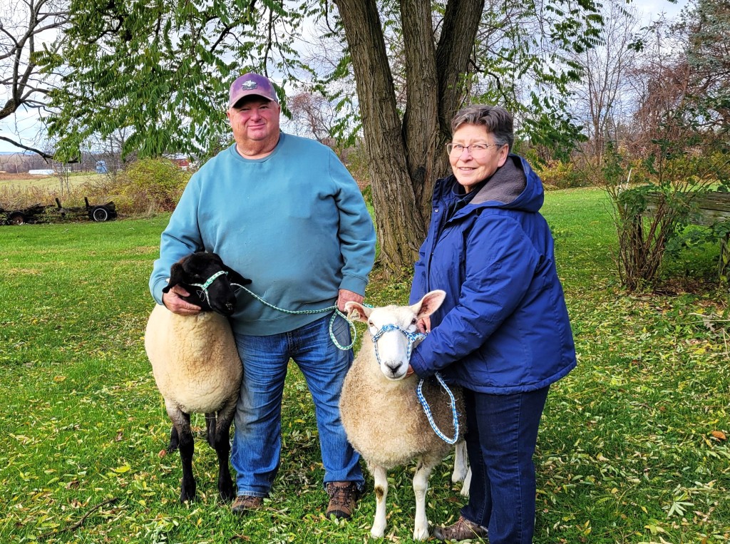 Photo provided 
Phil (left) and Noreen Atkins stand on their Groton farm with two of their sheep, Pringles and Curly, respectively. Phil and Noreen each have their own specific herds, although they help one another all the time. Pringles is a Suffolk ewe from Phil's herd, and Curly is a Border Leicester from Noreen's. 
